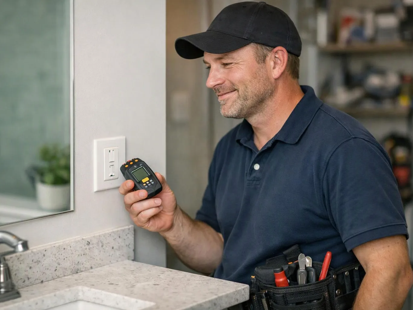 A man in a cap checks a wall outlet with a handheld meter beside a bathroom sink