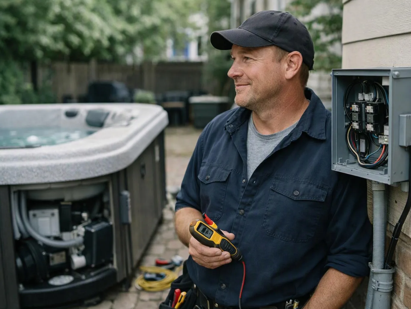 A man in a cap holds a tester beside an open electrical panel next to a hot tub outdoors