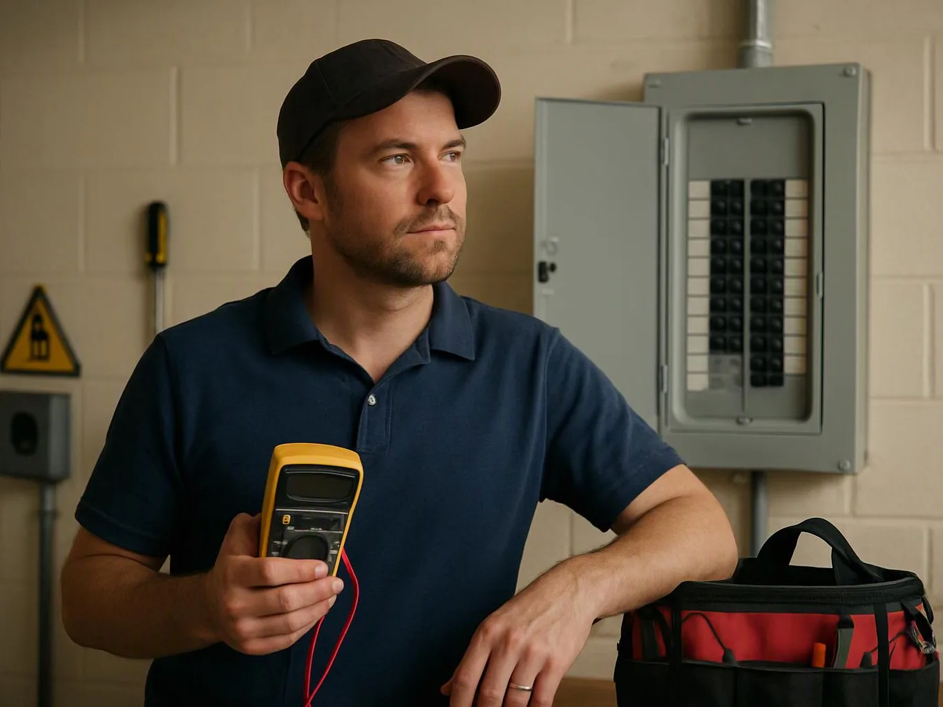 A man in a cap holds a yellow multimeter beside an open electrical panel in a workshop