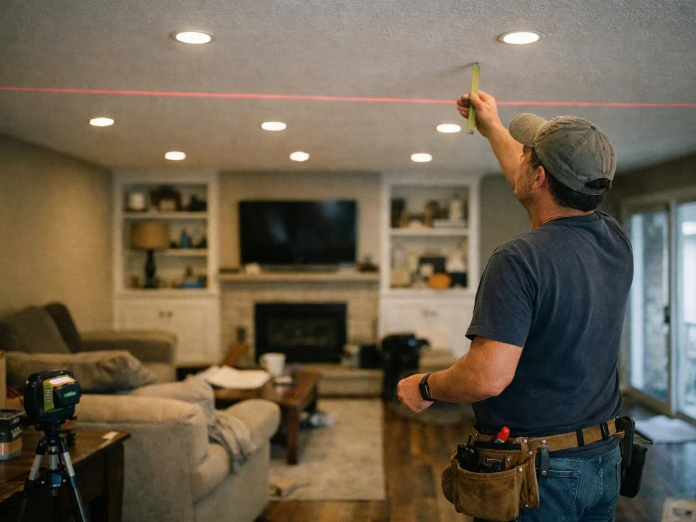 A man in a cap measures a ceiling line with a tape in a living room