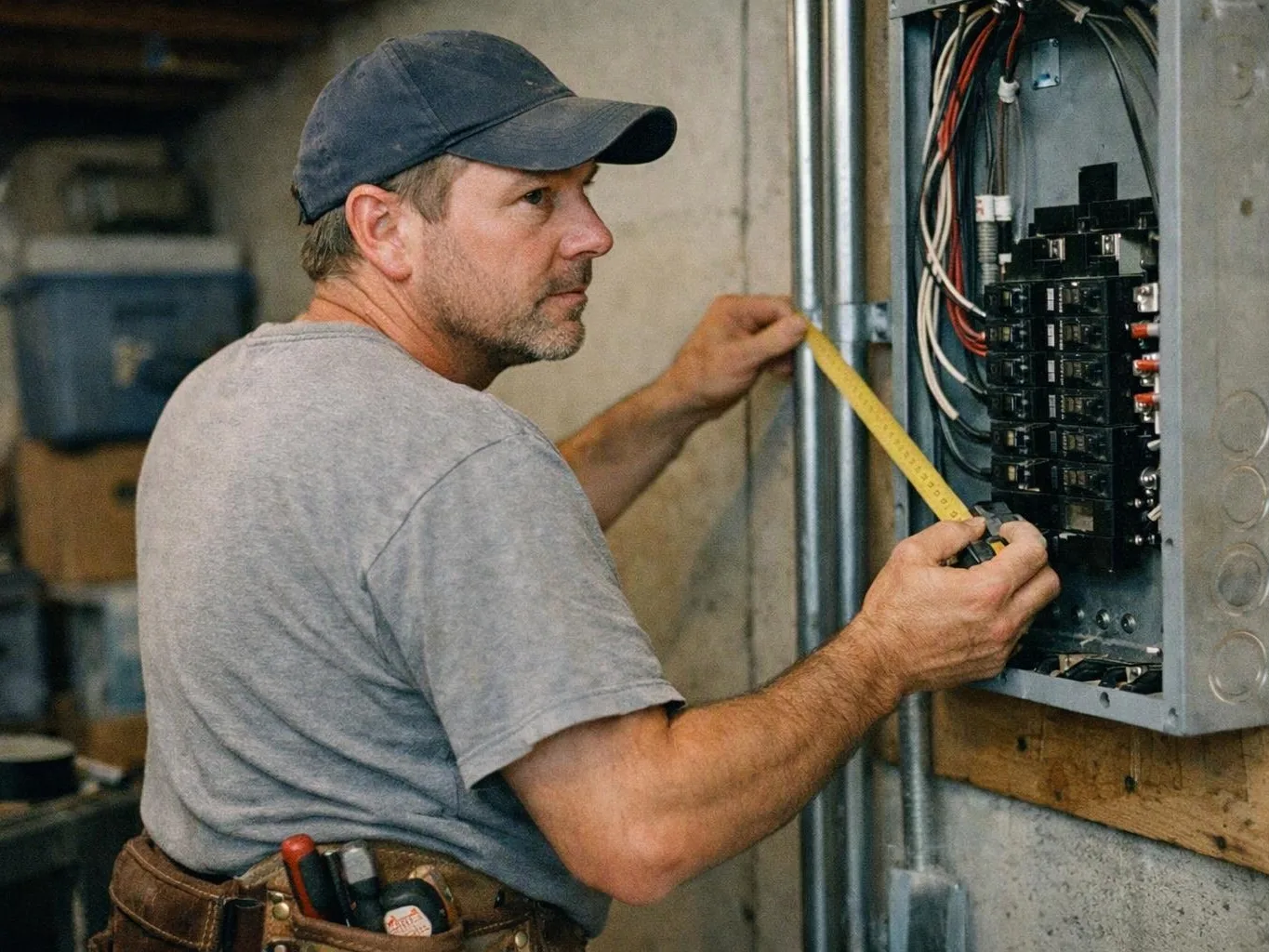A man in a cap measures an electrical breaker panel with a tape measure in a workshop