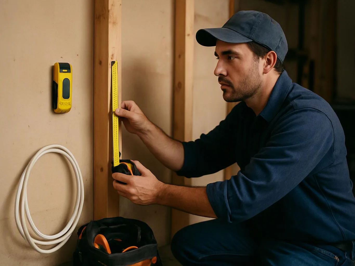 A man in a cap measures a wooden stud inside an unfinished wall with a yellow tape measure