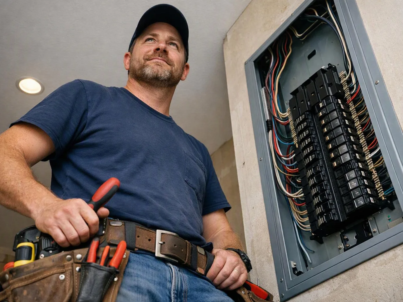 A man in a cap stands beside an open electrical breaker panel, holding tools in a room with beige walls