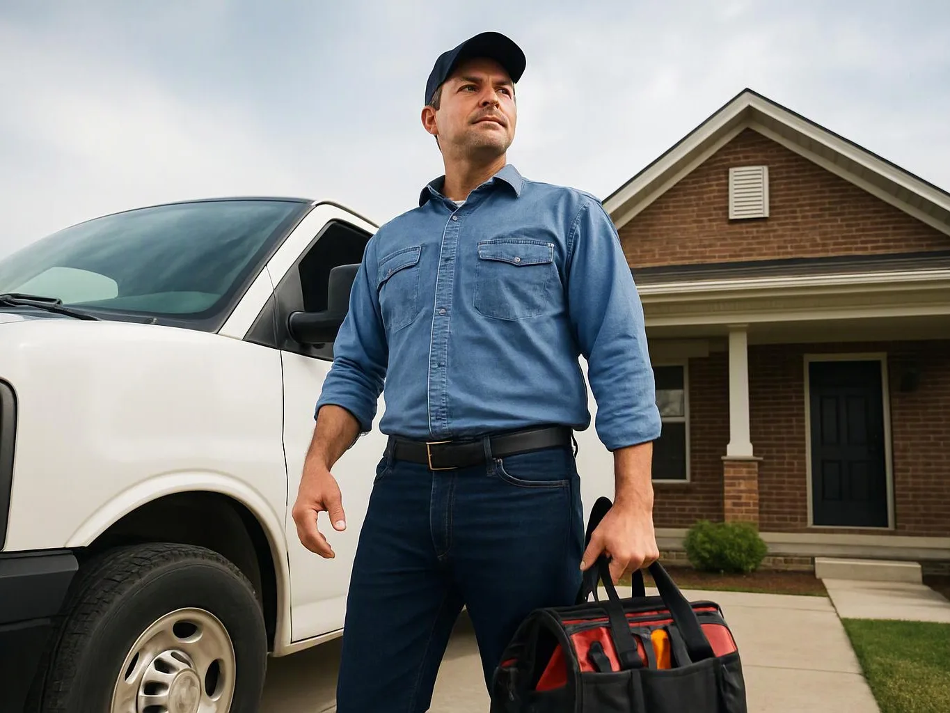 A man in a cap stands beside a white van and holds a tool bag in front of a brick house