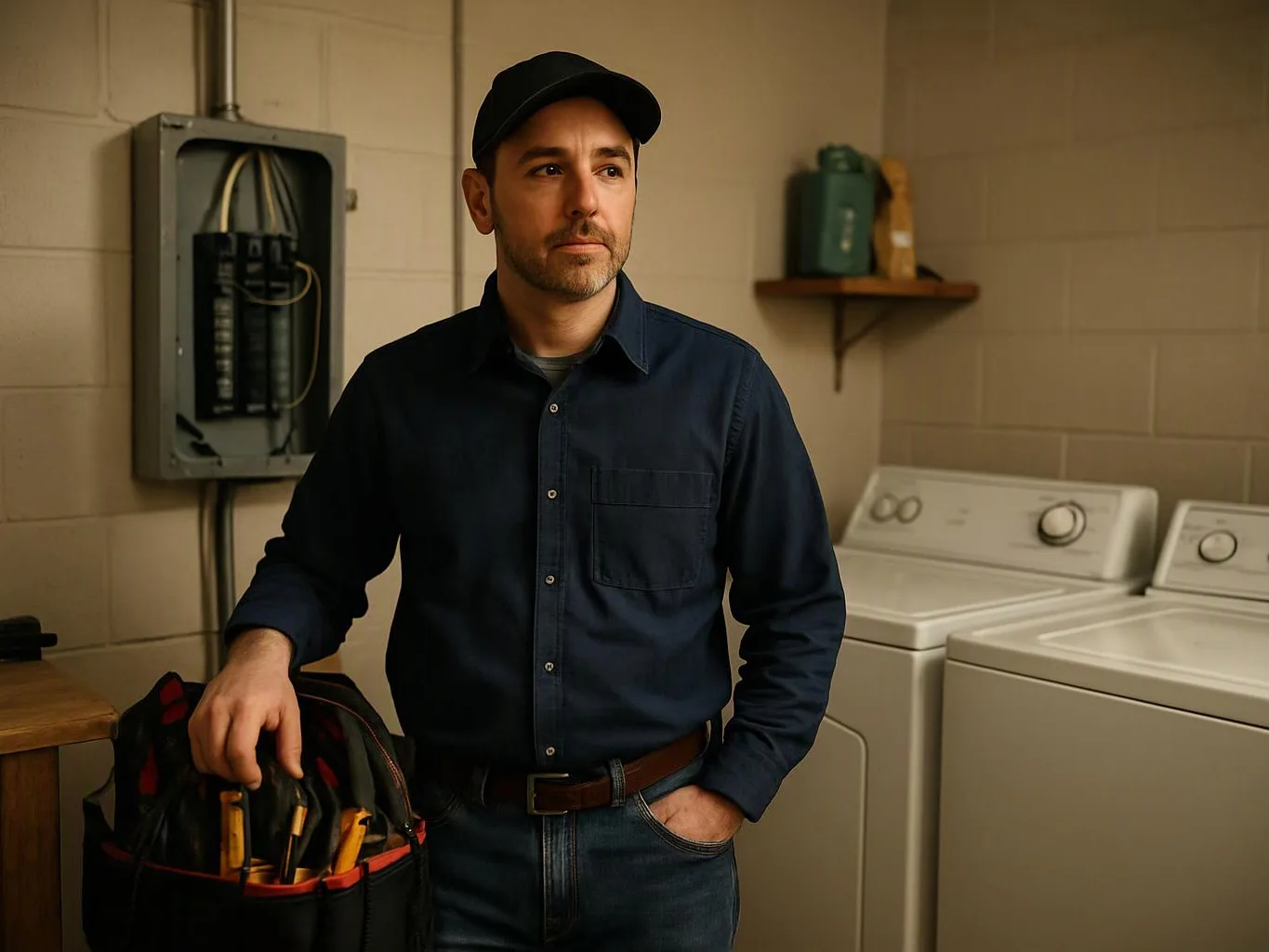 A man in a cap stands in a laundry room beside a tool bag and two washing machines