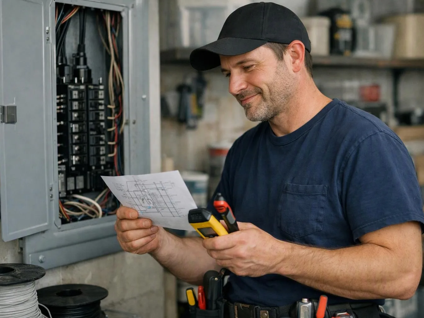 A man in a cap studies a wiring diagram beside an open electrical panel, holding testing tools