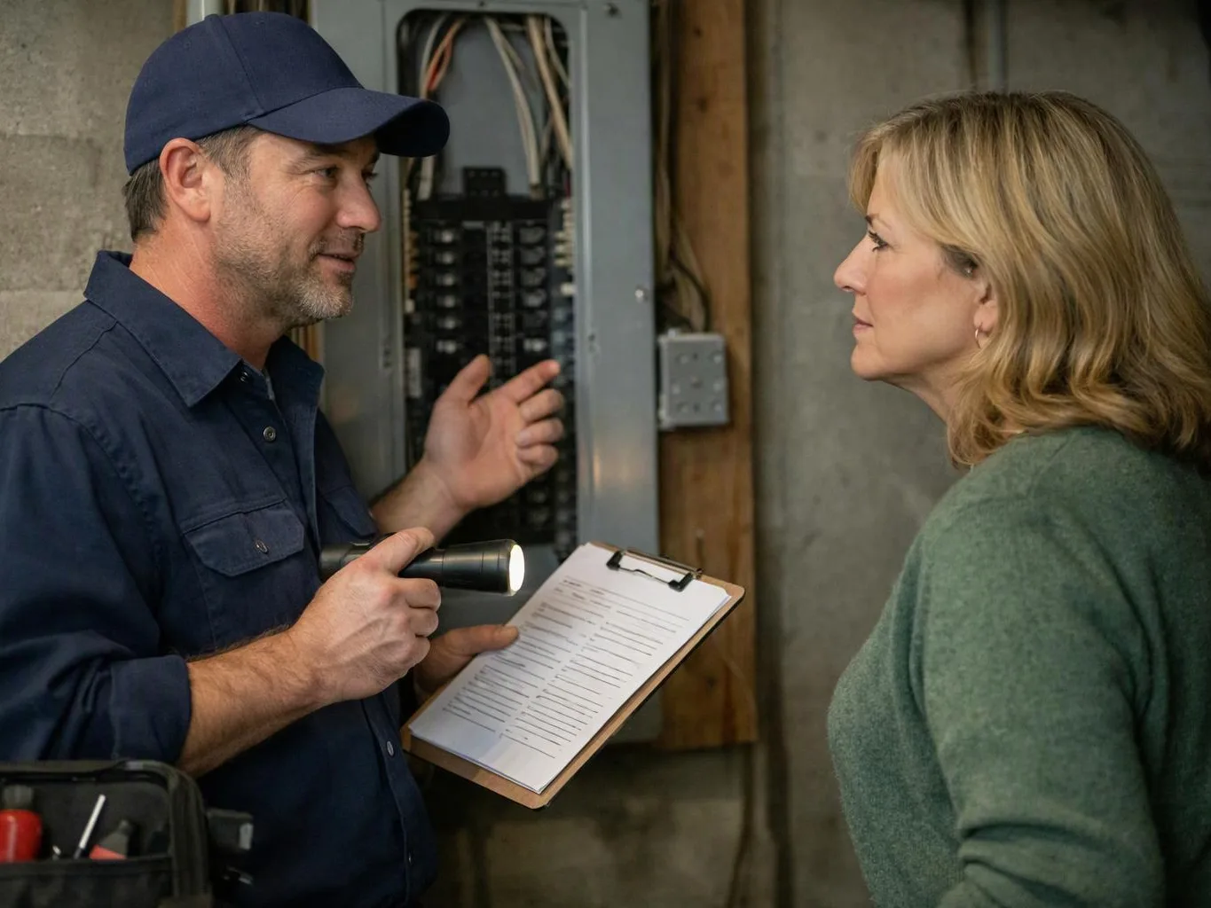 A man in a cap talks to a woman while holding a flashlight and clipboard beside an open electrical panel