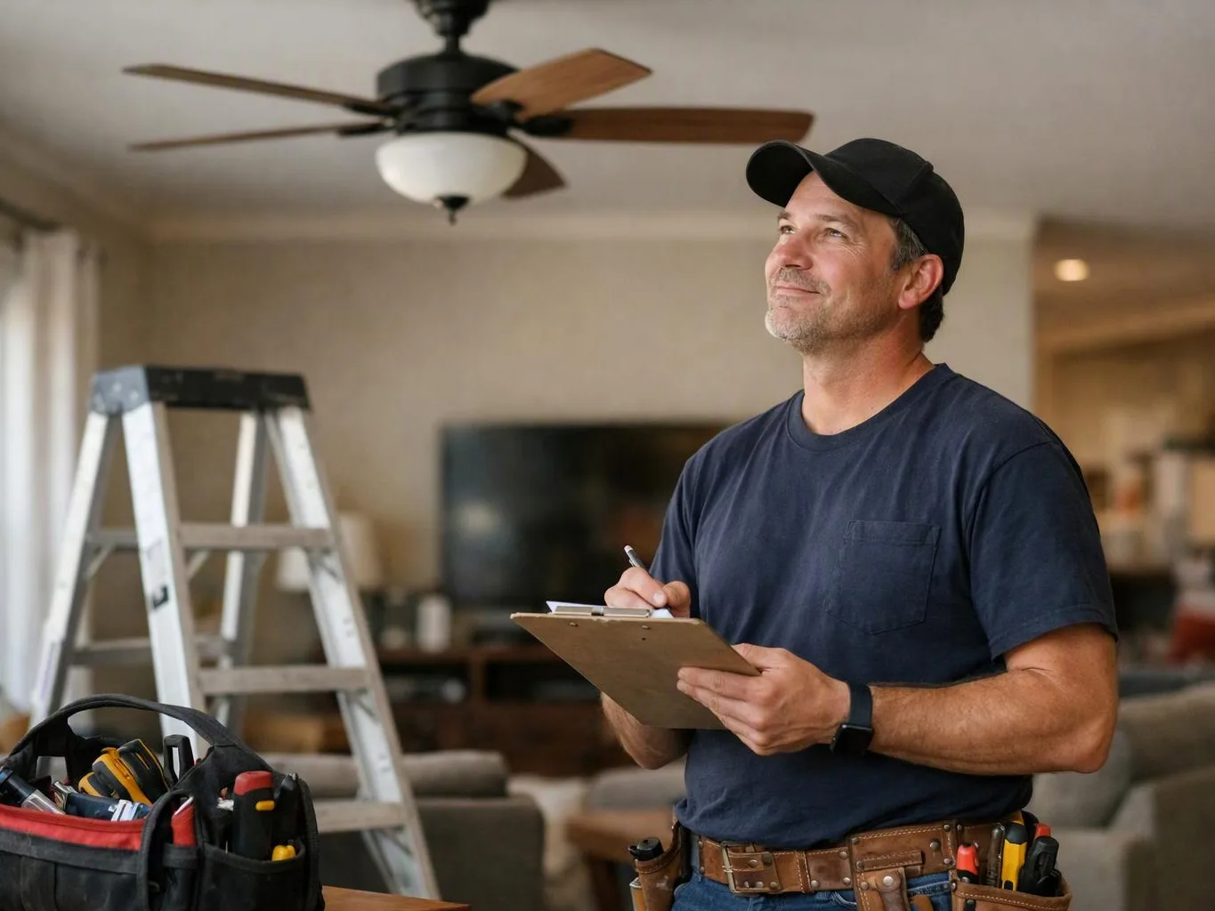 A man in a cap writes on a clipboard beside a ladder and tool bag in a living room