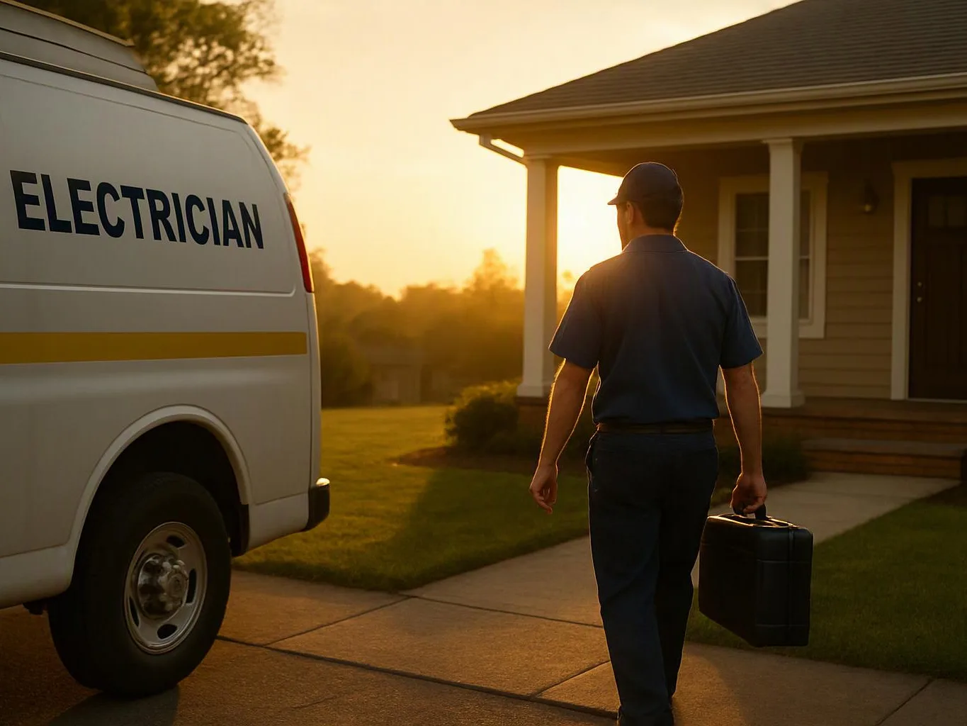 A man carries a toolbox toward a house beside a van marked electrician at sunset