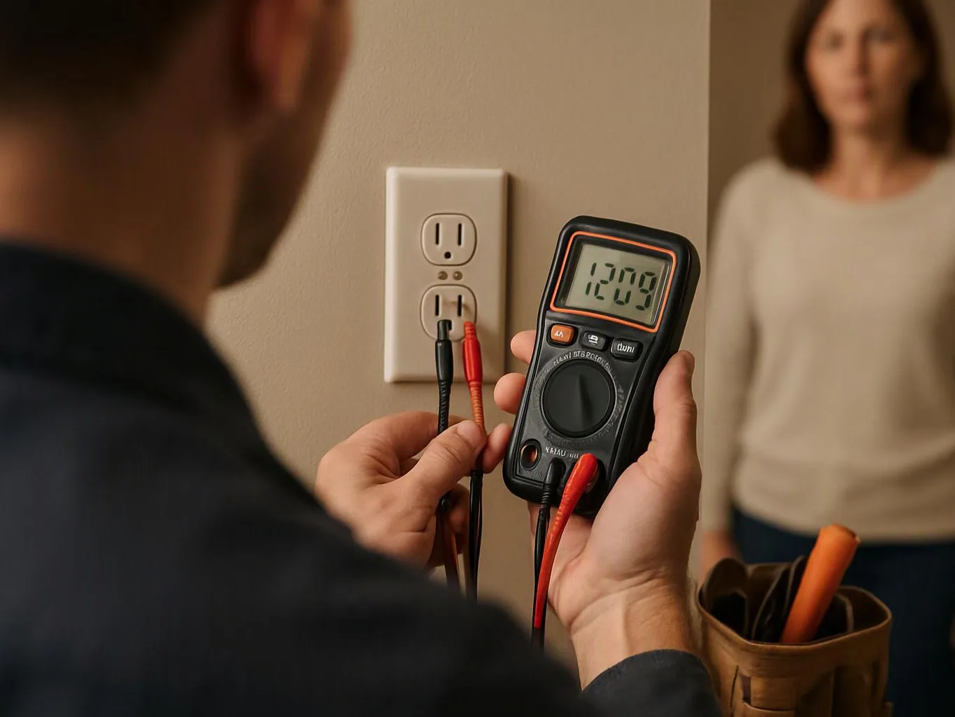 A man checks a wall outlet with a digital multimeter while a woman stands nearby in a room
