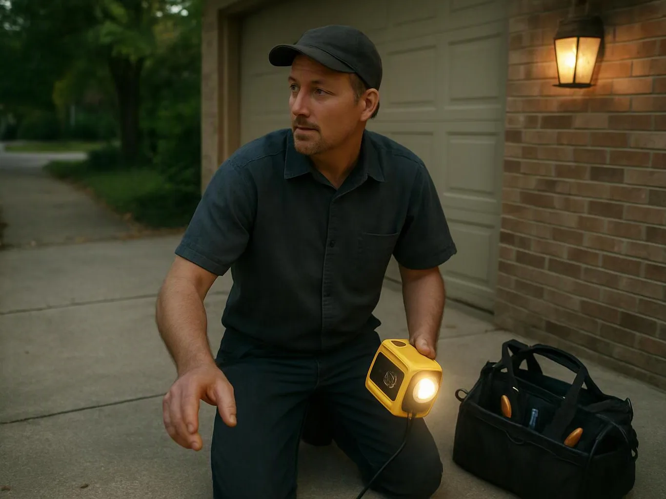 A man in dark clothes kneels on a driveway holding a lit yellow work light beside a tool bag