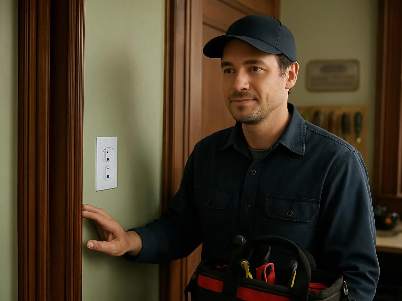 A man in a dark work shirt and cap stands by a doorway, touching the wall near an outlet panel
