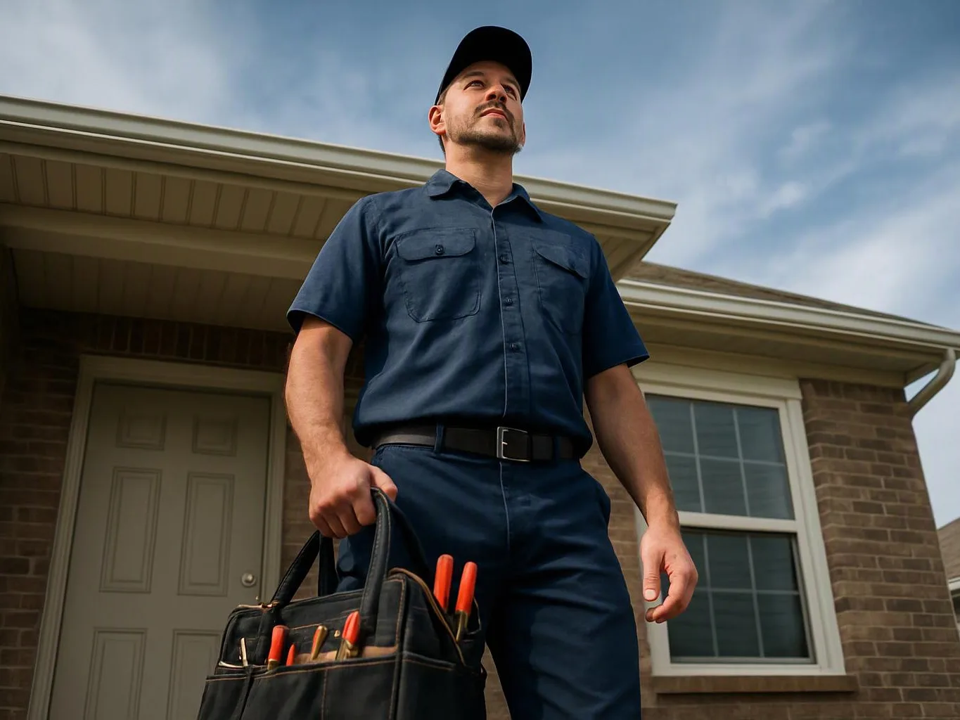 A man in a dark work uniform holds a tool bag outside a brick house under a blue sky