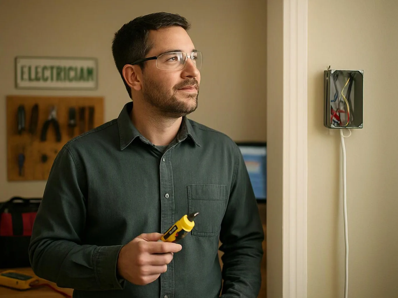 A man with glasses holds a yellow tester near an open electrical box in a room with tools behind him