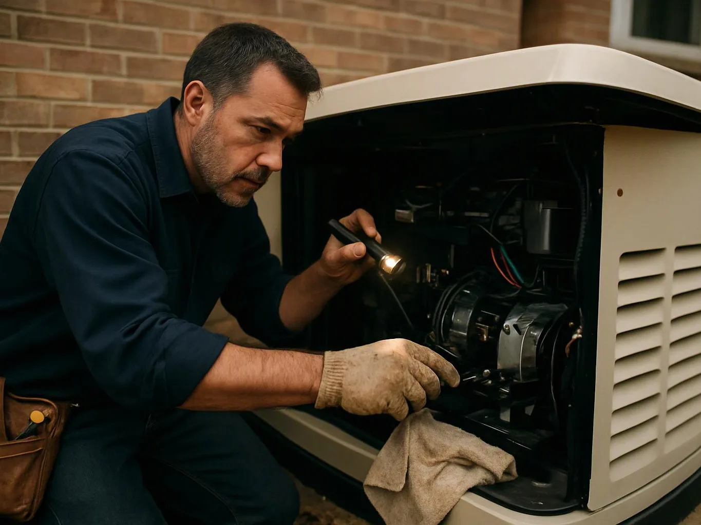 A man in gloves inspects an open generator with a flashlight beside a brick wall