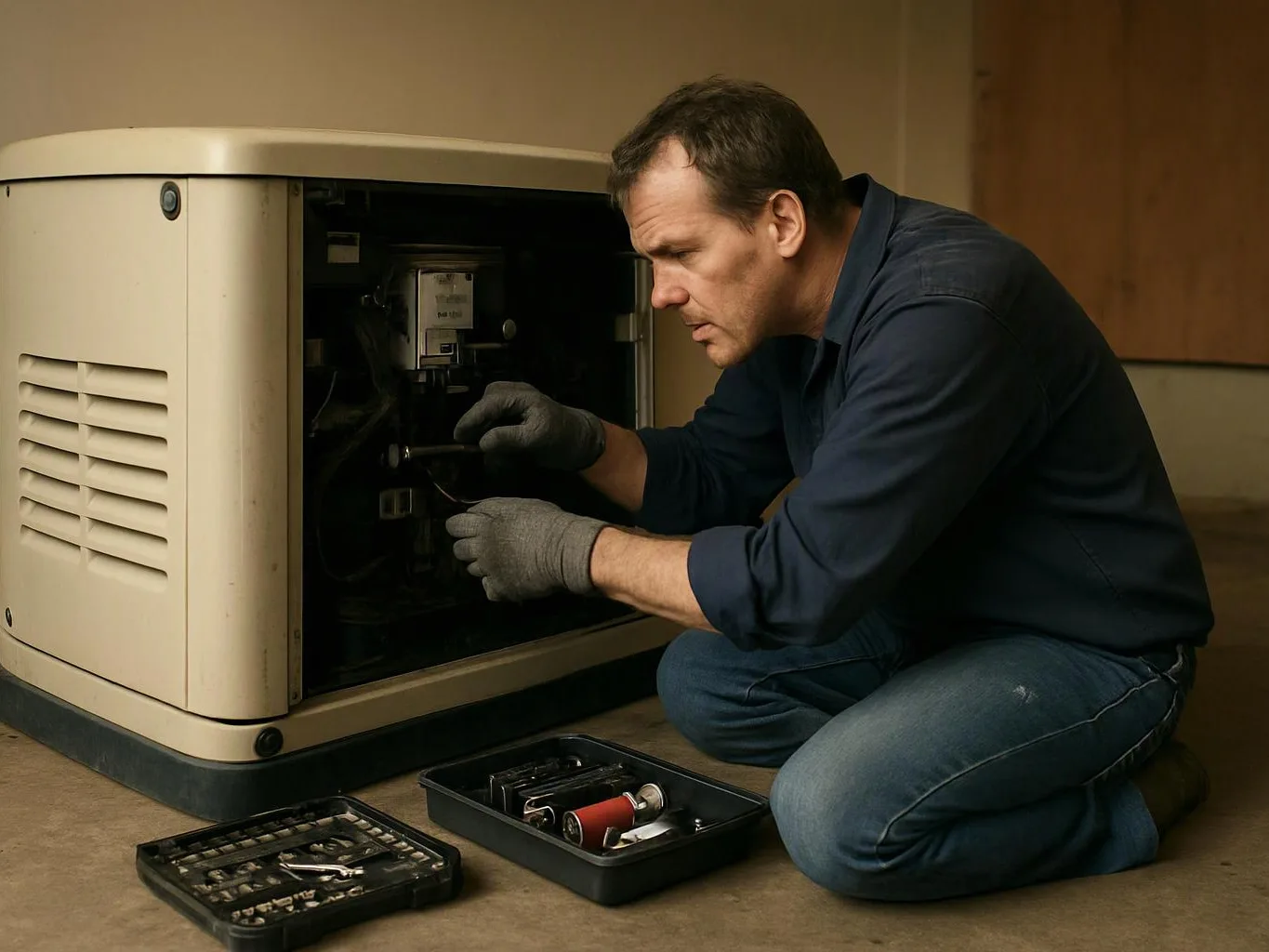 A man in gloves kneels beside an open generator, using tools inside a workshop garage