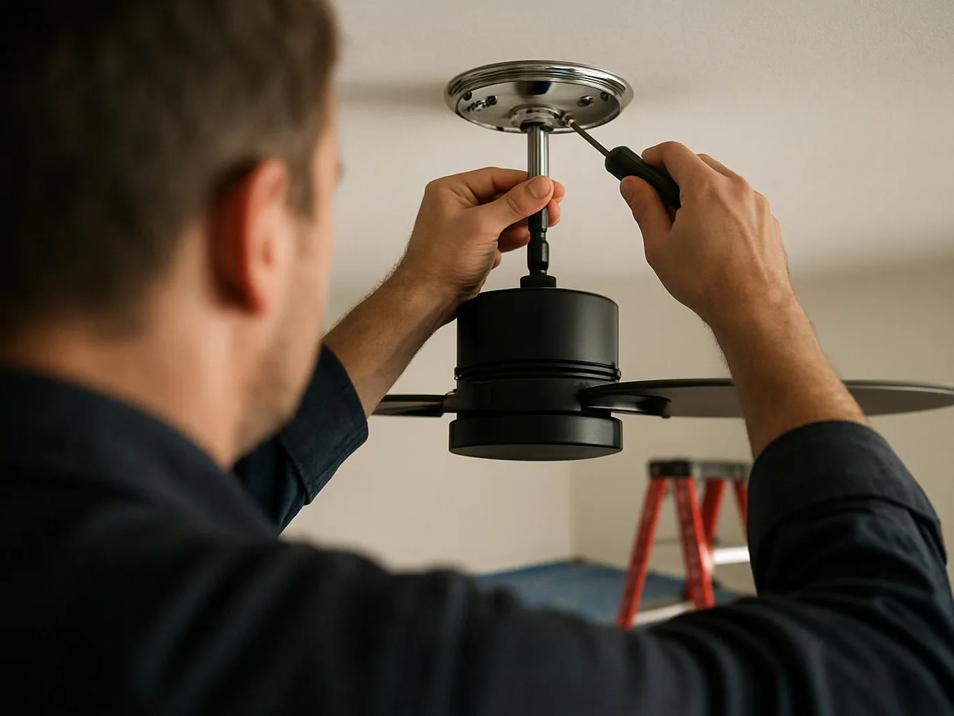 A man installs a ceiling fan with a screwdriver while standing beneath it indoors