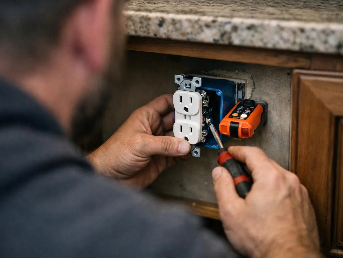 A man installs a white wall outlet under a countertop with a screwdriver and electrical tester