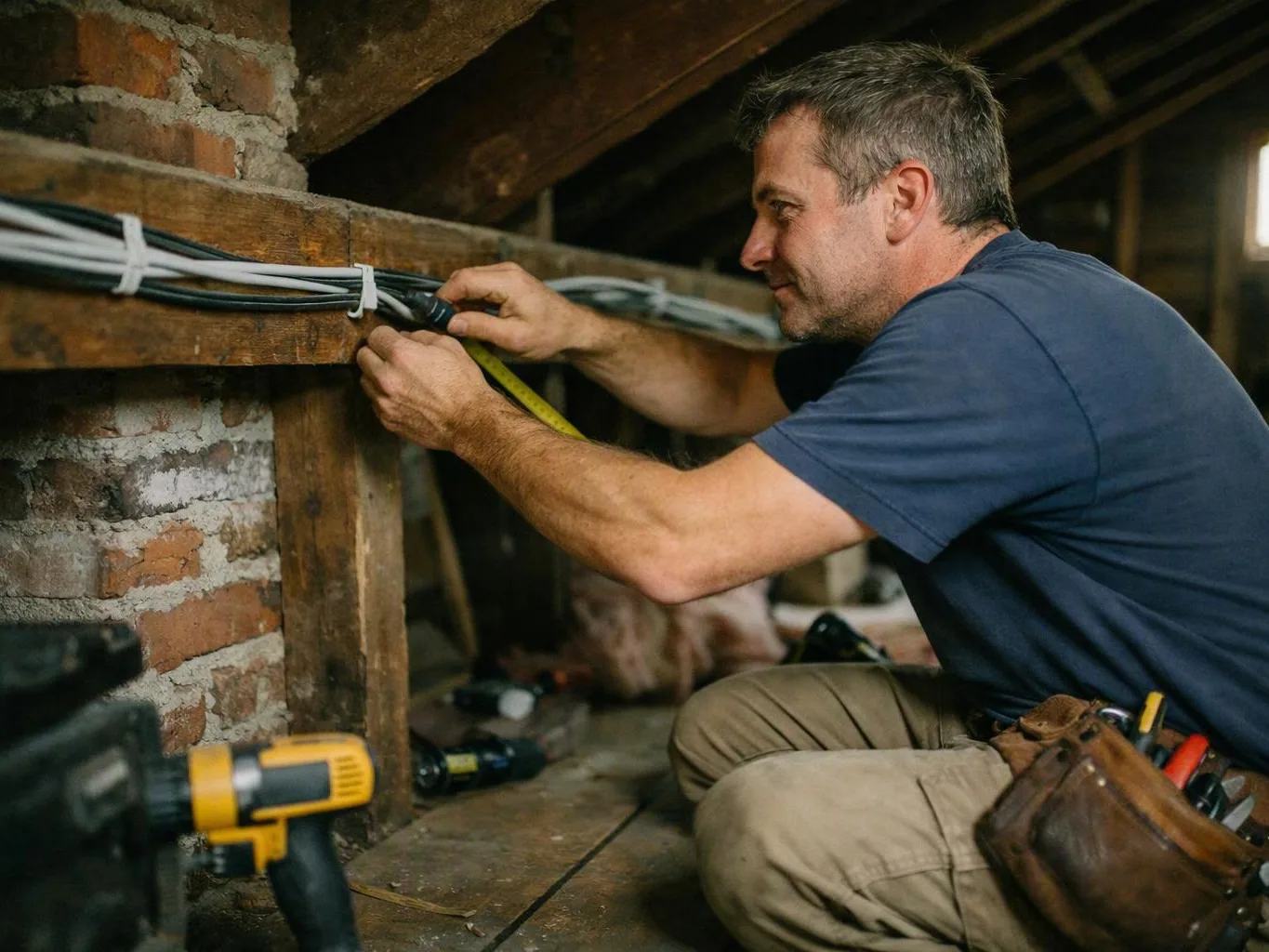 A man kneels in an attic, fastening cables to a wooden beam beside exposed brick walls