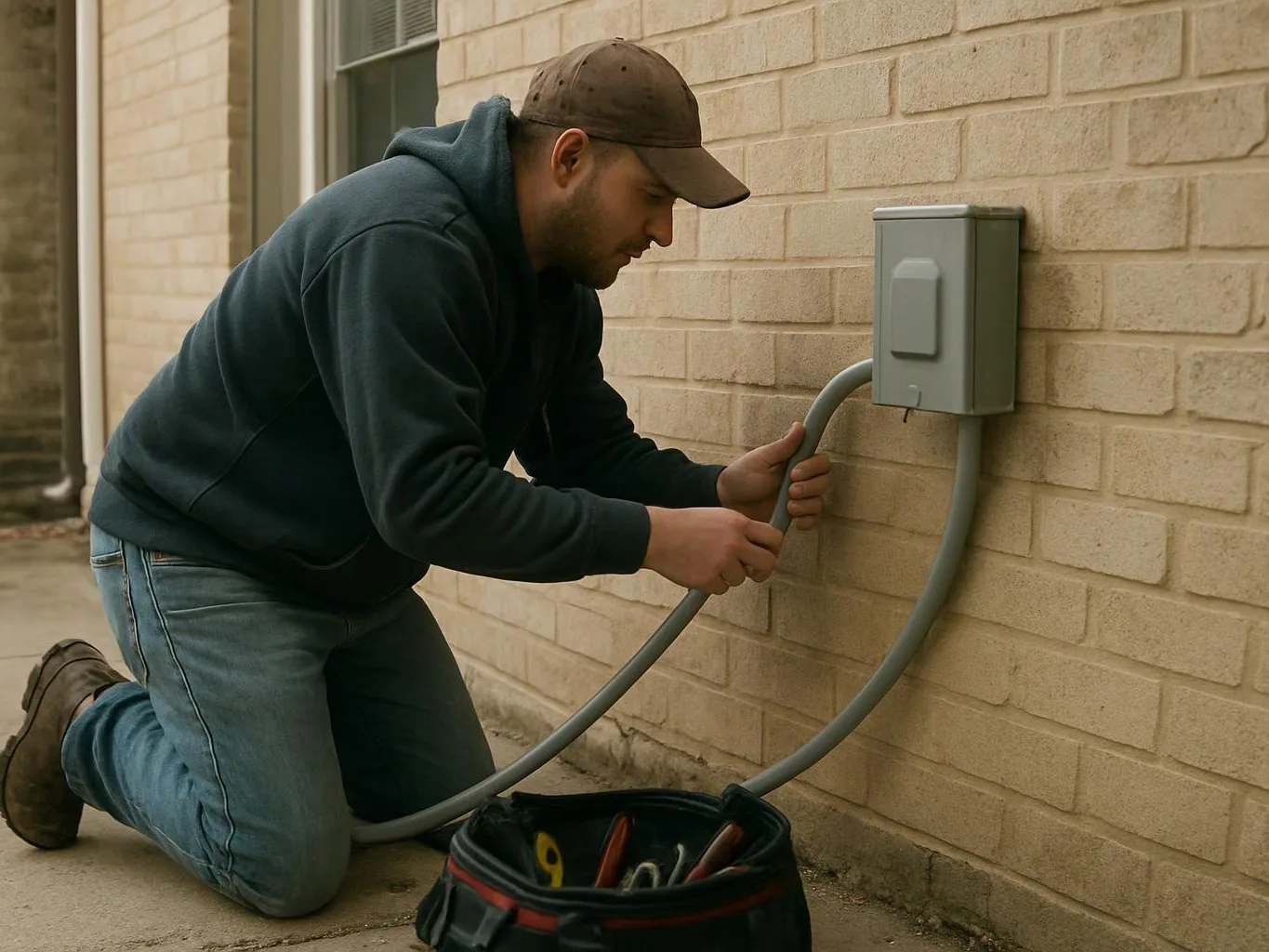 A man kneels beside a brick wall, handling a gray cable connected to an electrical box outdoors