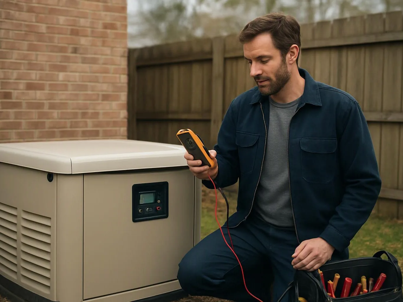 A man kneels beside a generator outdoors, checking it with a handheld meter and red test leads