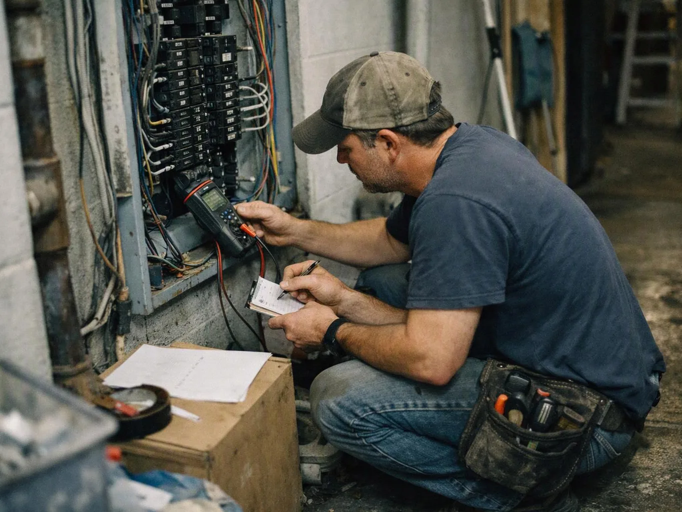 A man kneels beside an open electrical panel, using a meter and writing notes in a dim utility room