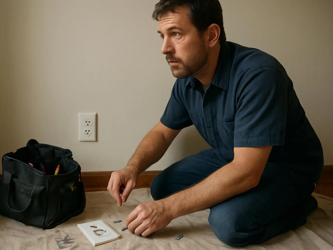 A man kneels on a covered floor, handling small tools beside an outlet and a black tool bag