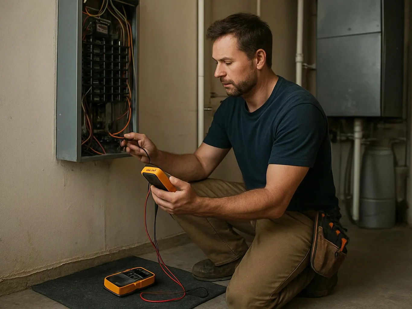 A man kneels by an open electrical panel, checking wires with a handheld meter in a utility room