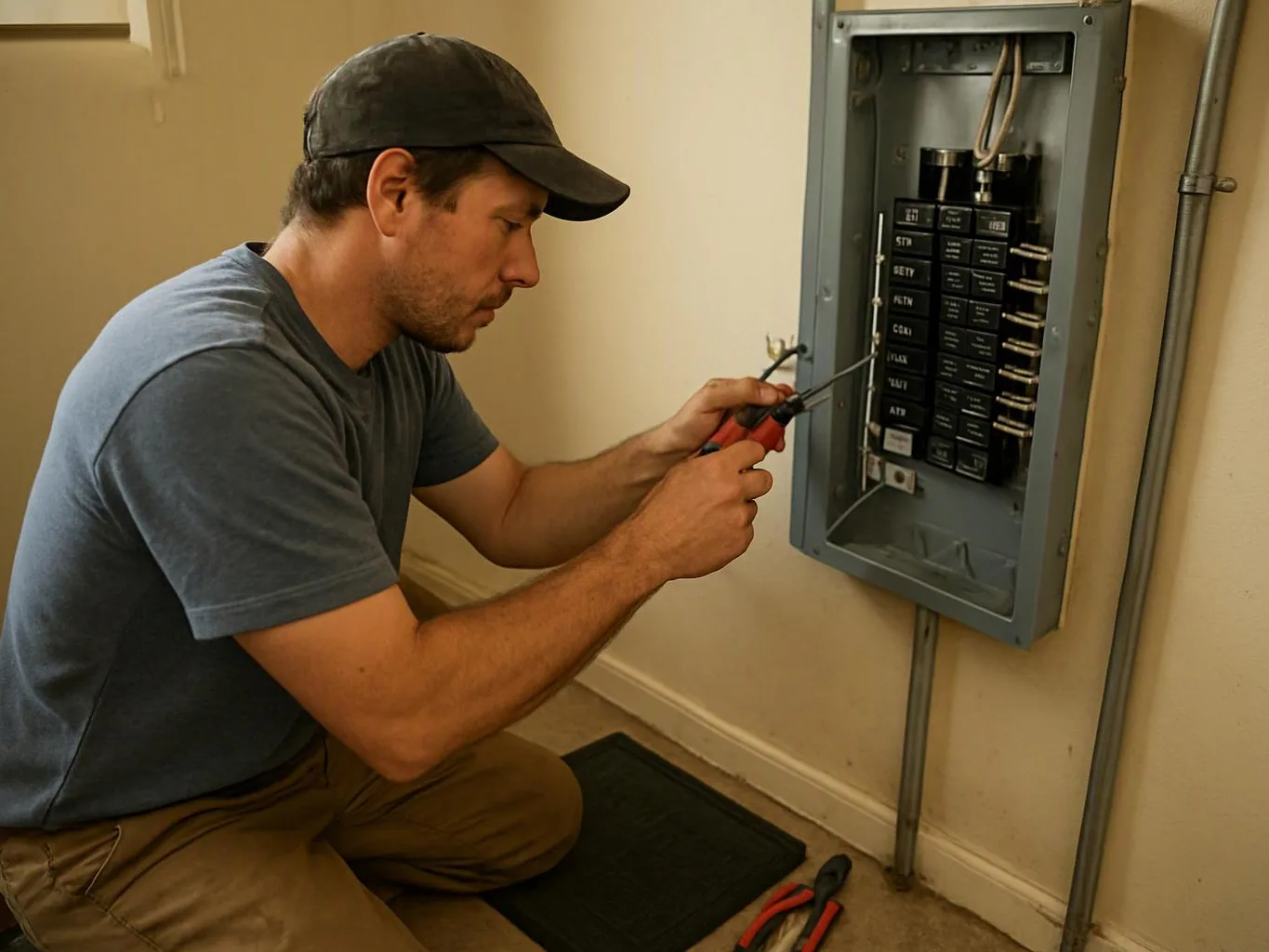 A man kneels by an open electrical panel, using a screwdriver in a plain indoor hallway