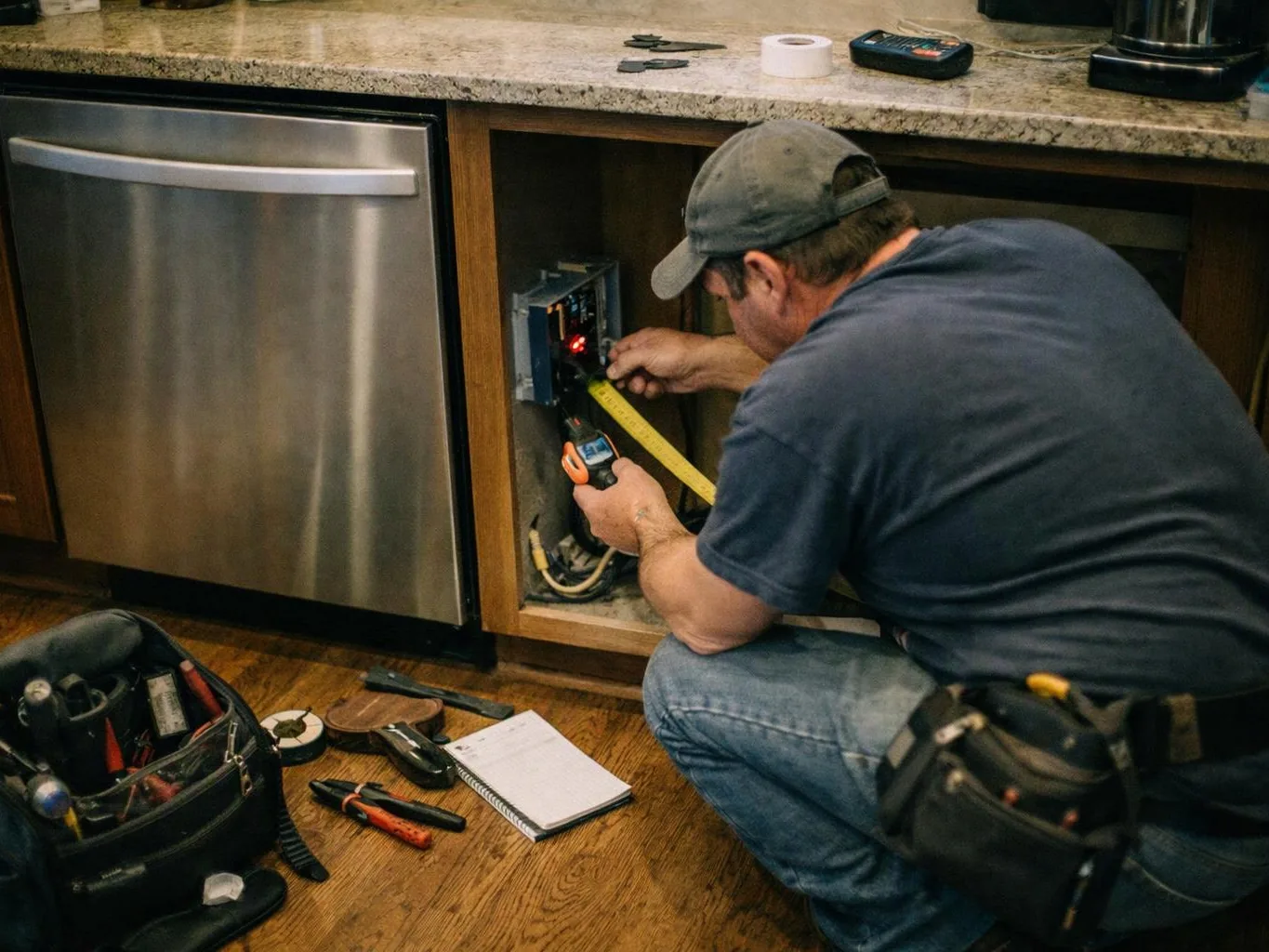A man kneels under a kitchen counter, measuring wiring beside a stainless dishwasher with tools scattered on the floor
