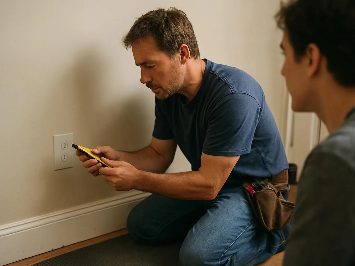 A man kneels by a wall outlet, testing it with a handheld meter while another person watches