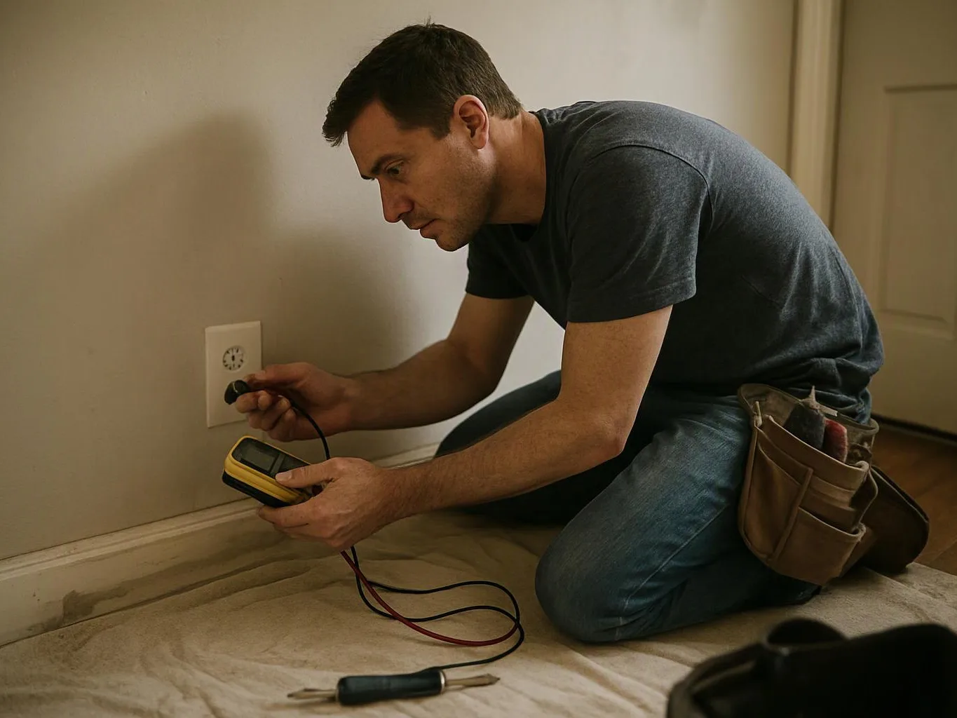 A man kneels by a wall outlet, testing it with a multimeter in a bare room