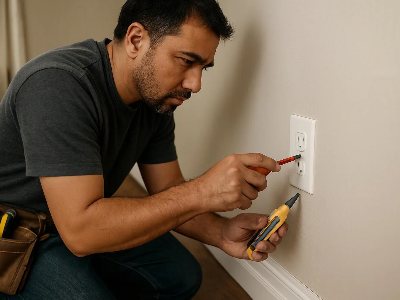 A man kneels by a wall outlet, testing it with two voltage testers in a bare room