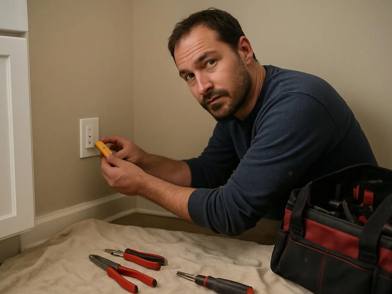 A man kneels by a wall outlet, testing it with a yellow tool beside a toolbox and hand tools