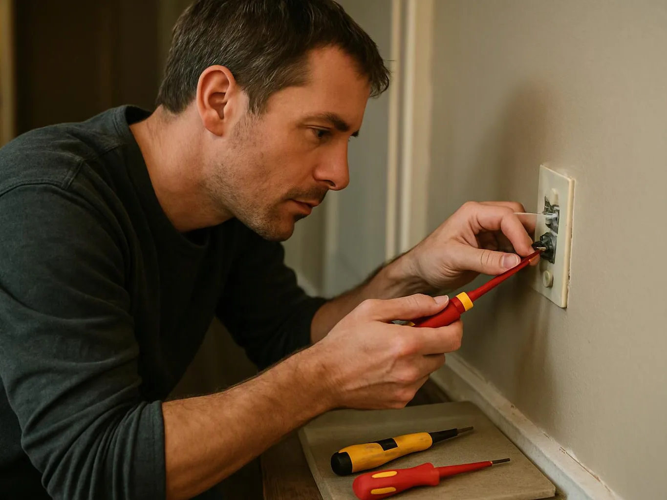 A man kneels by a wall outlet, using a screwdriver while other tools rest on the ledge