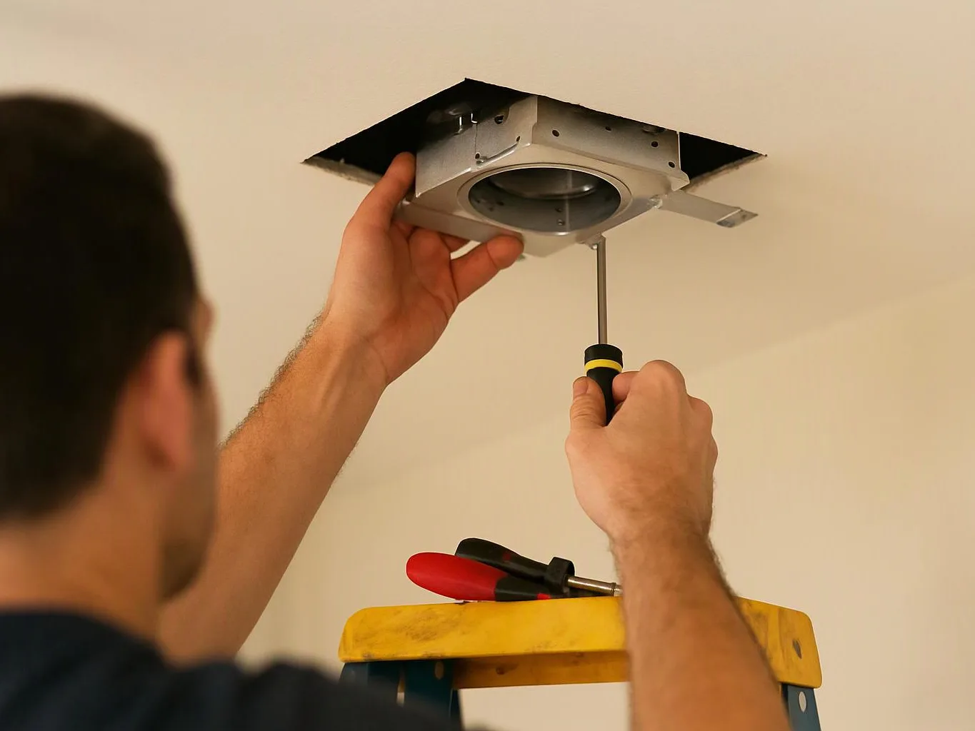 A man on a ladder tightens a ceiling light fixture with a screwdriver in a plain room