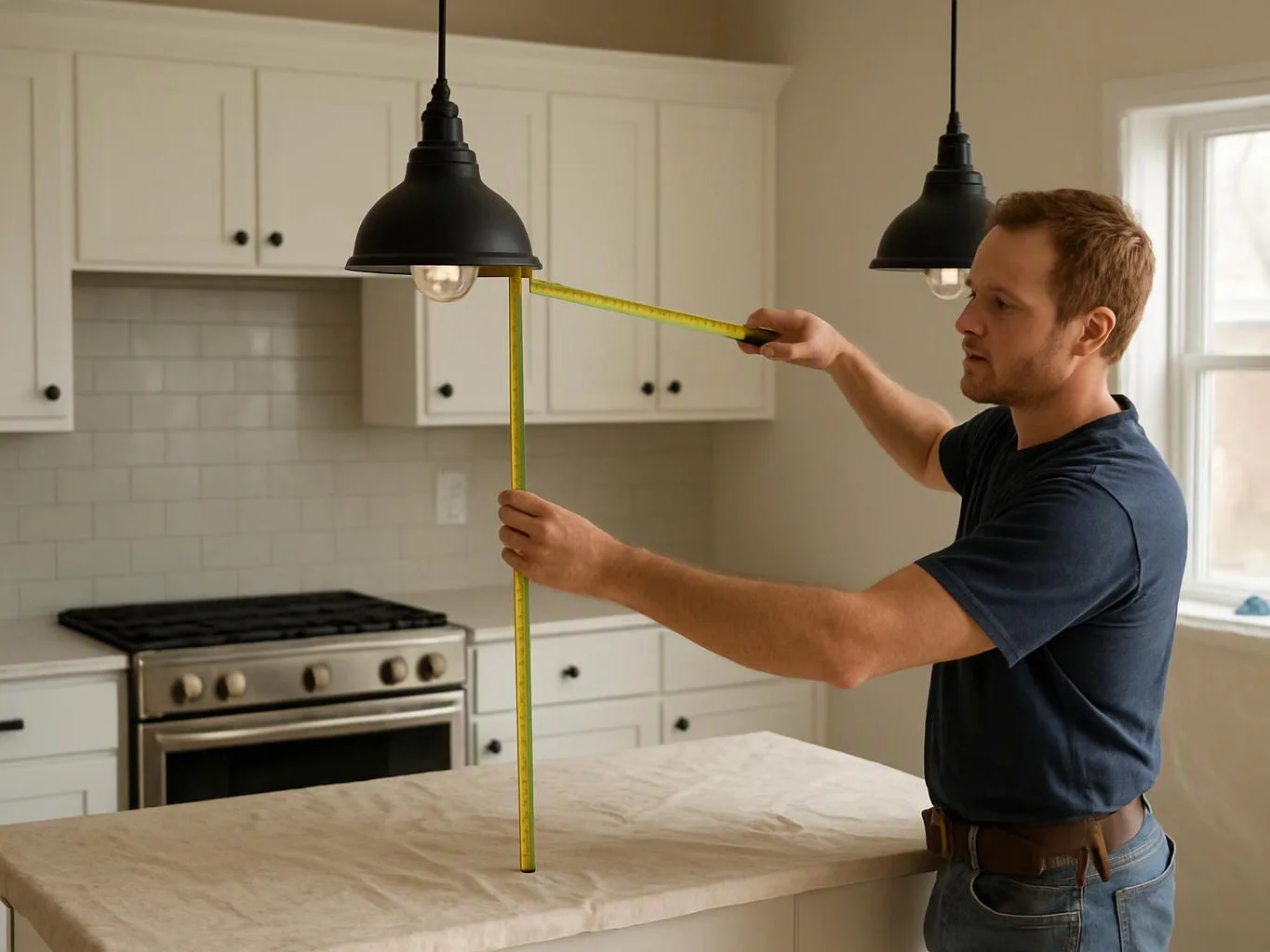 A man measures the height between a kitchen island and a hanging light pendant with a tape measure