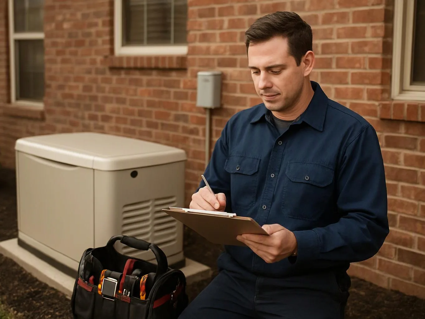 A man in a navy shirt writes on a clipboard beside a brick wall and outdoor generator unit
