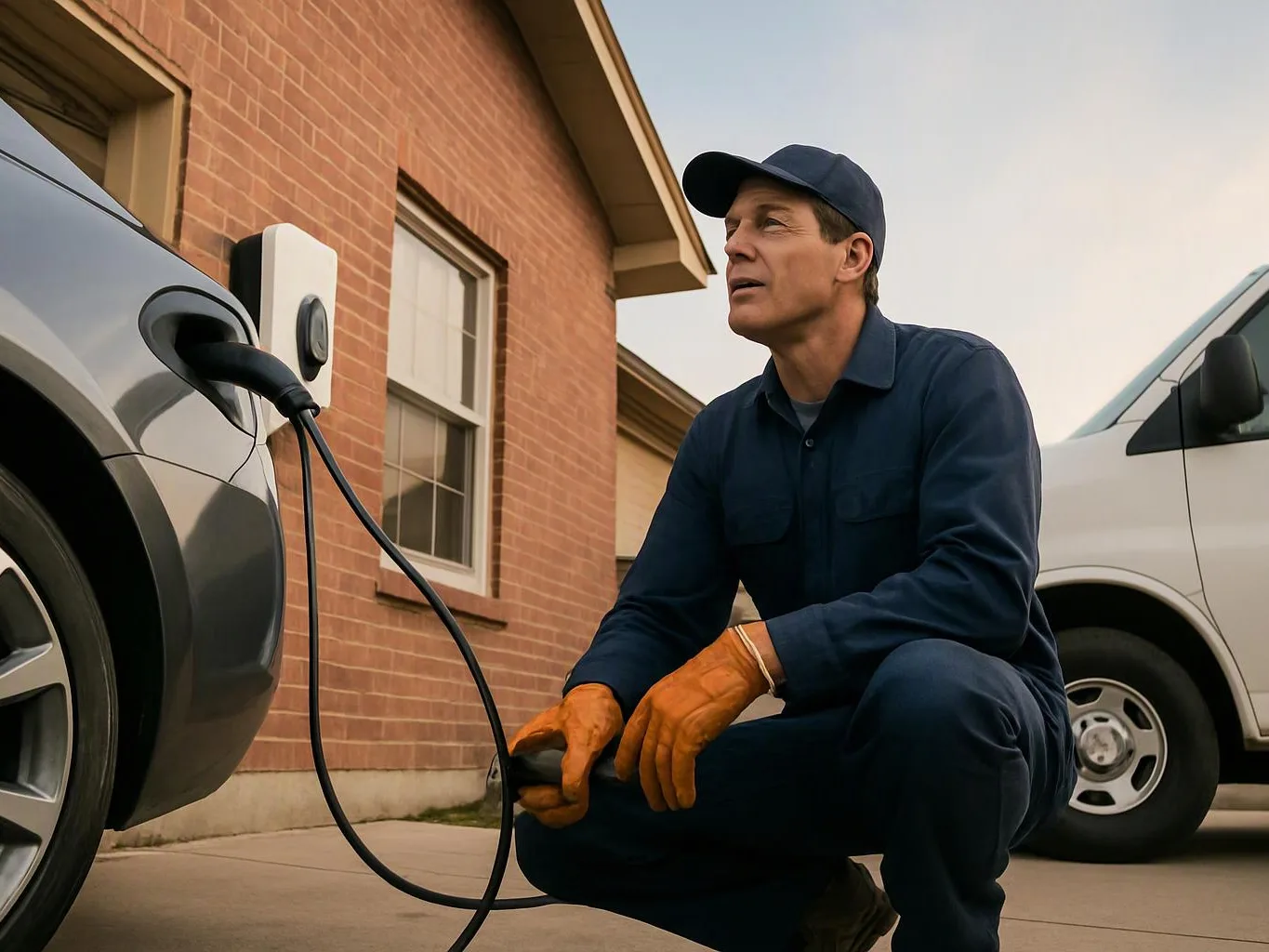 A man in a navy uniform kneels beside an electric car, holding a charging cable outside a brick building