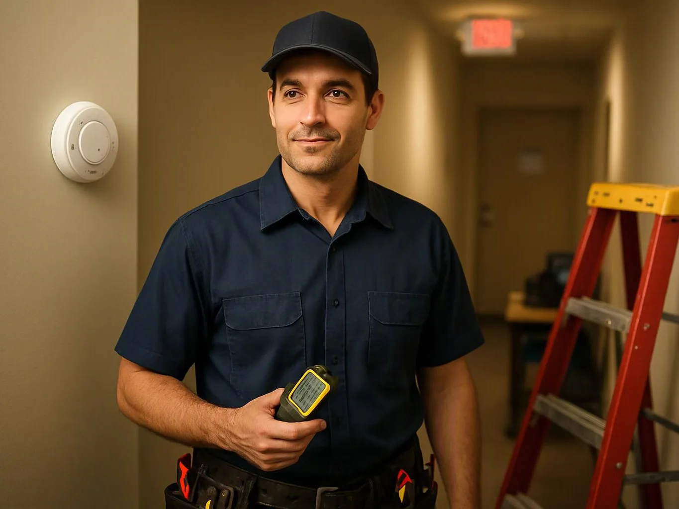 A man in a navy work shirt holds a handheld device in a hallway beside a red ladder