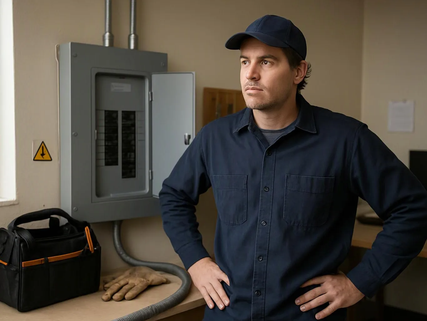 A man in a navy work uniform stands by an open electrical panel with tools on a workbench