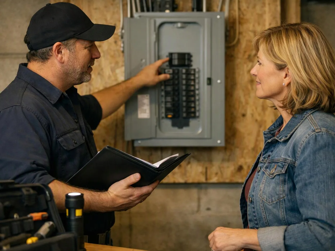 A man points at an electrical breaker panel while speaking to a woman in a workshop