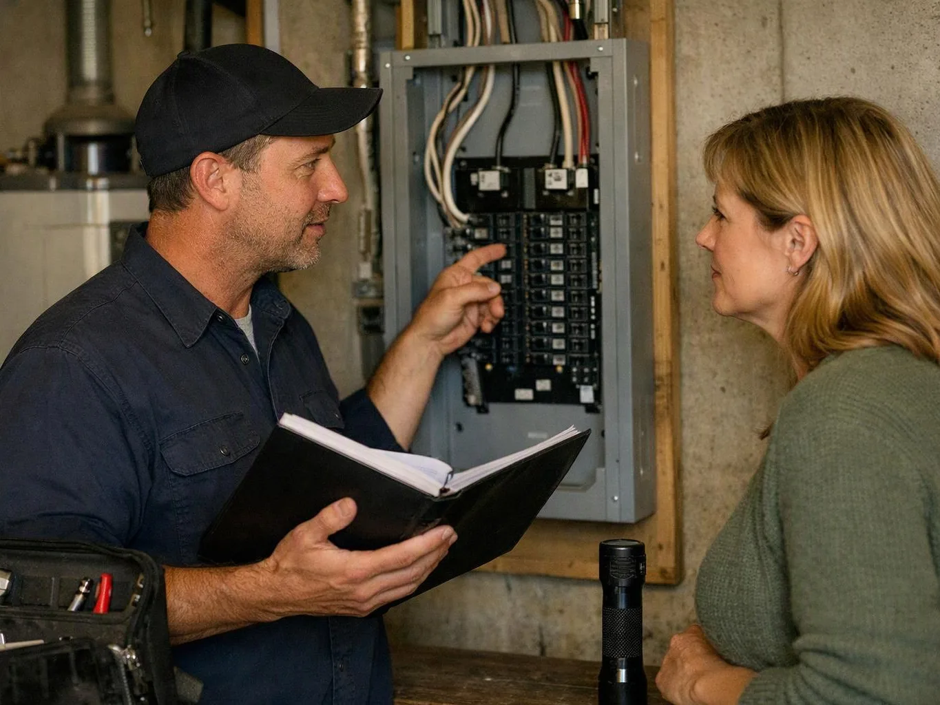 A man points at an electrical panel while holding a notebook and talking to a woman in a basement room