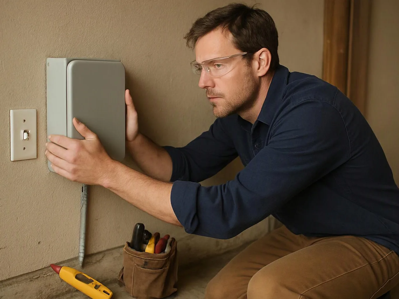 A man in safety glasses adjusts a gray wall box beside an outlet, with tools on the floor