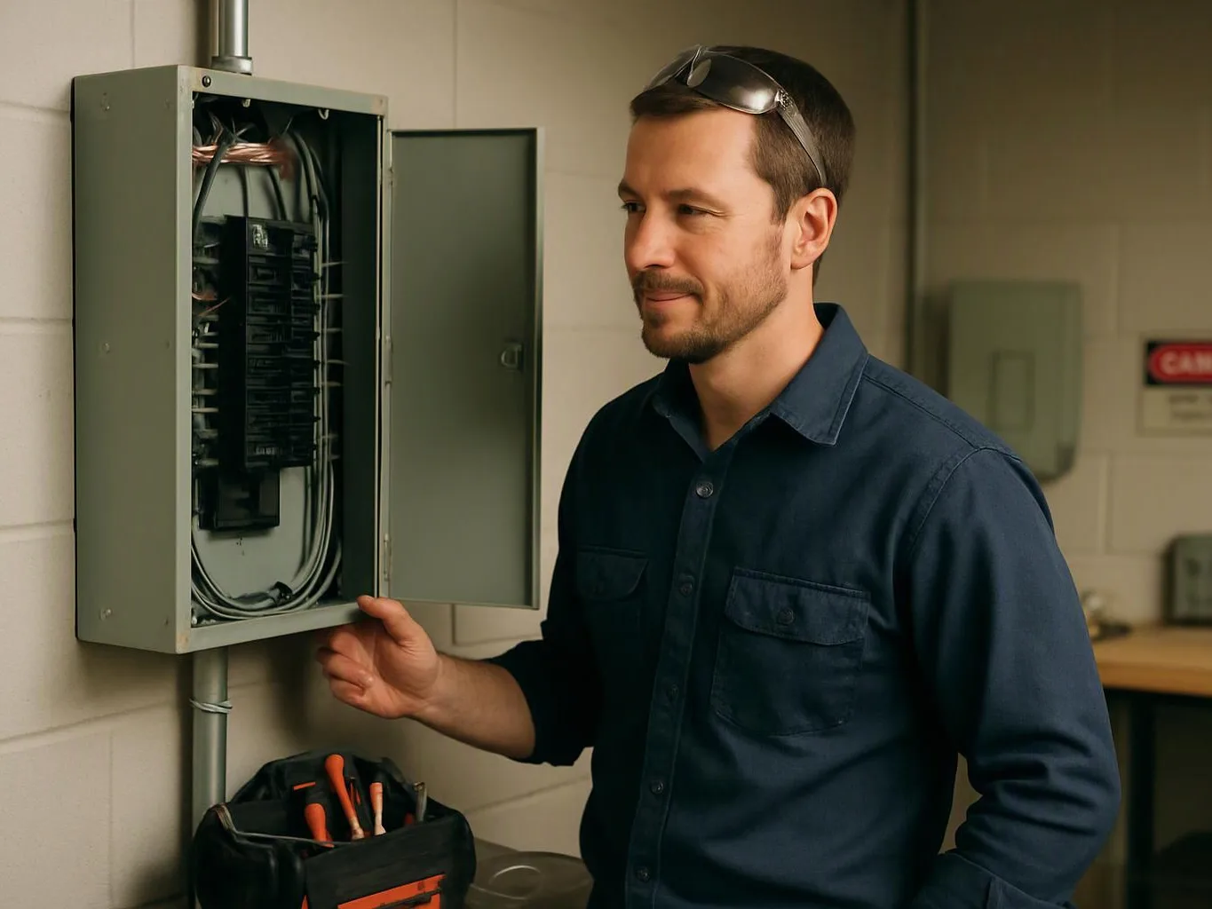 A man in safety glasses inspects an open electrical panel beside a wall in a workshop setting