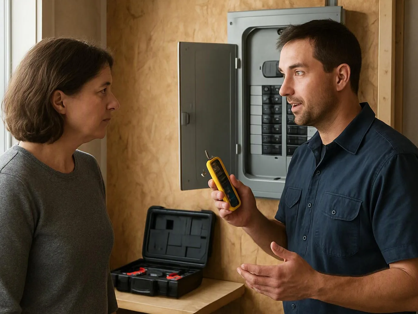 A man shows a yellow tester to a woman beside an open electrical panel in a wooden room