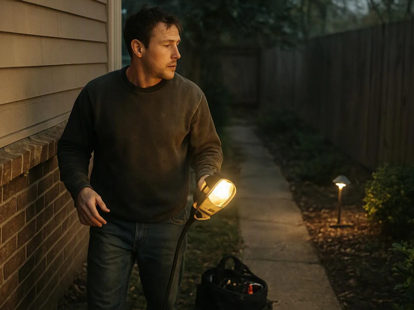 A man stands beside a house at dusk, holding a lit work light and looking down a narrow path