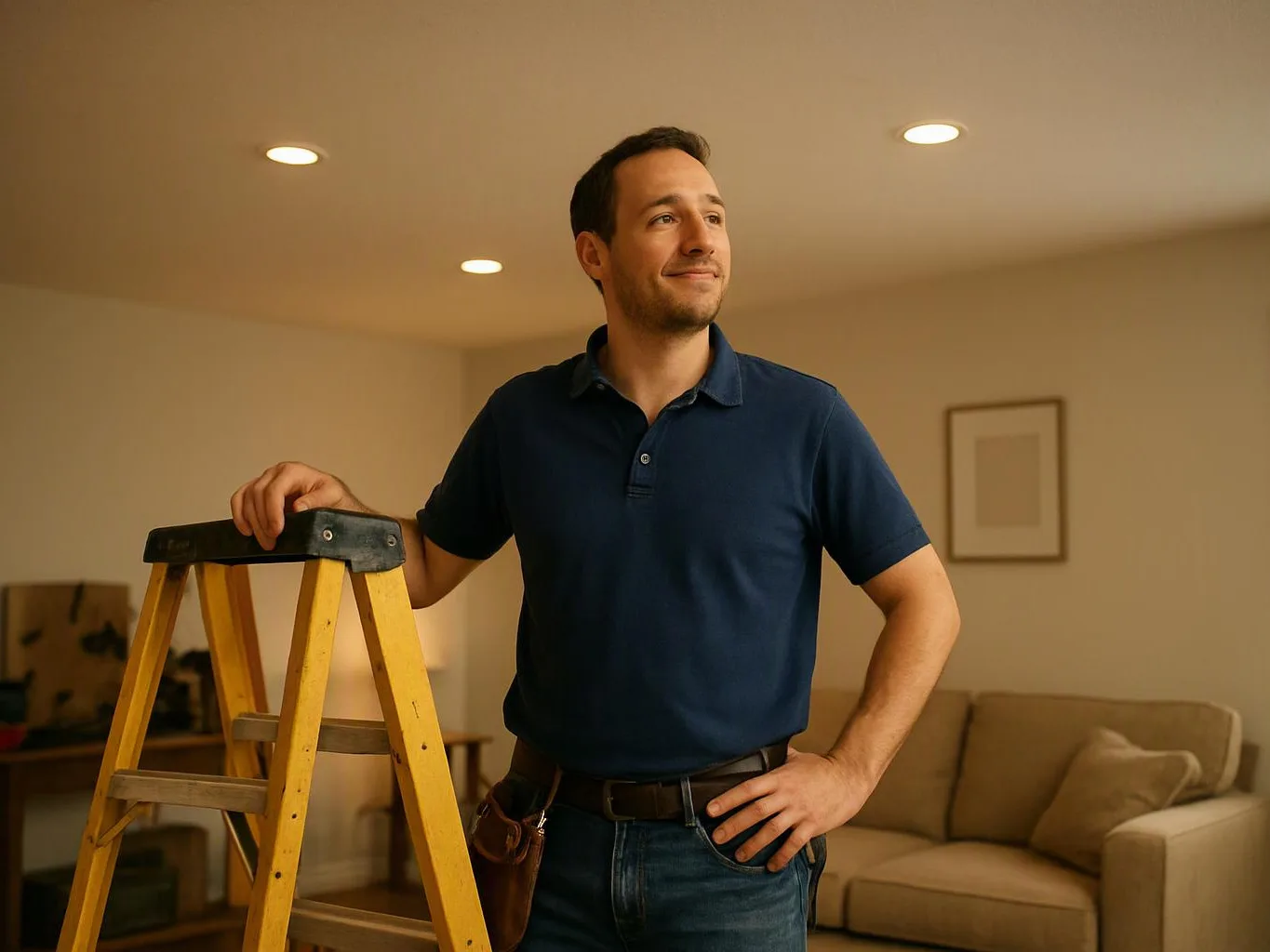 A man stands beside a yellow step ladder in a living room, resting one hand on it and looking off to the side