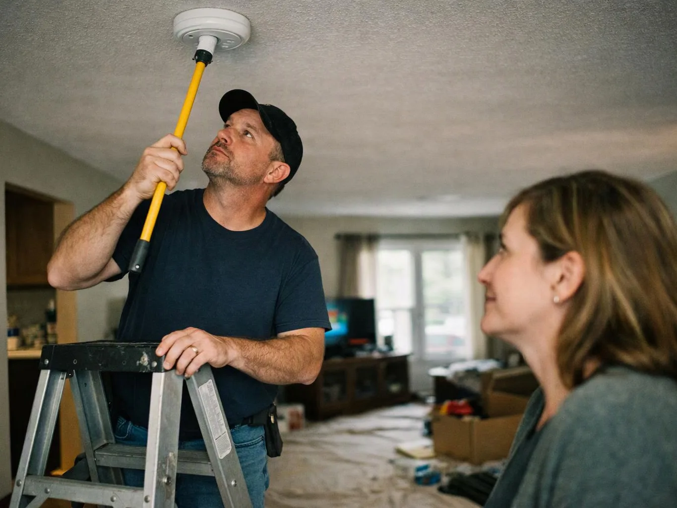 A man on a stepladder checks a ceiling smoke alarm while a woman watches in a living room