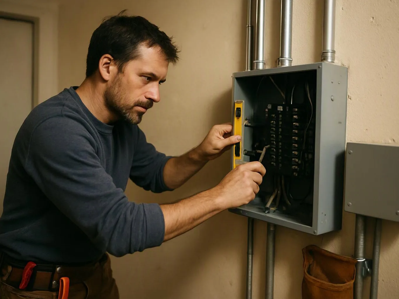 A man uses a tool to inspect an open electrical panel on a beige wall